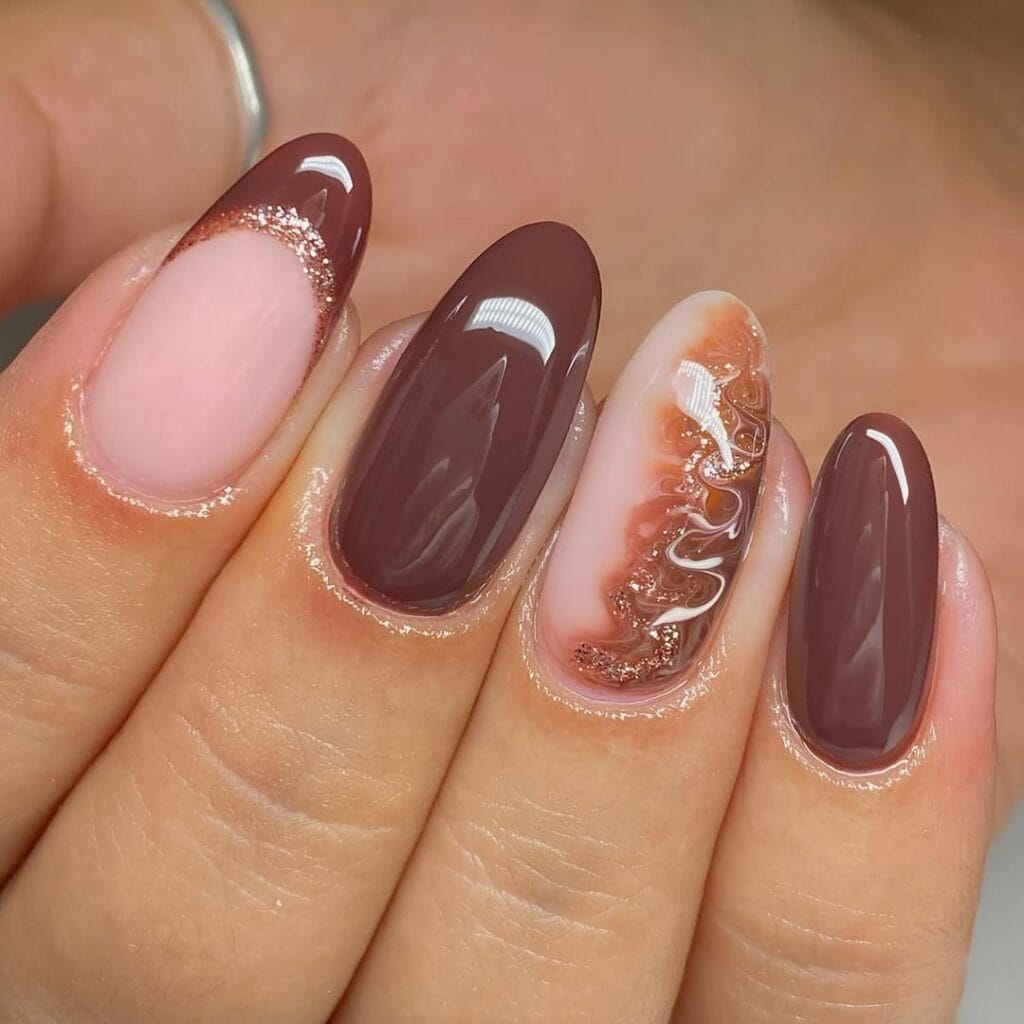 Medium Oval Marble French Glitter Brown Nails Medium Oval Marble French Glitter Brown Nails