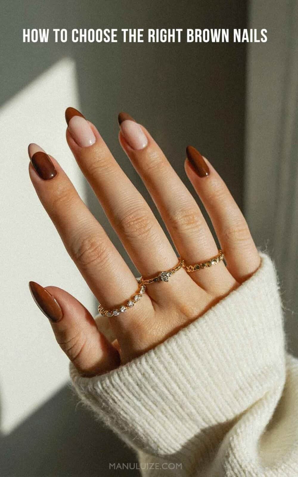 Medium Almond Two-Toned Brown French Tips Medium Almond Two-Toned Brown French Tips — Brown Nails