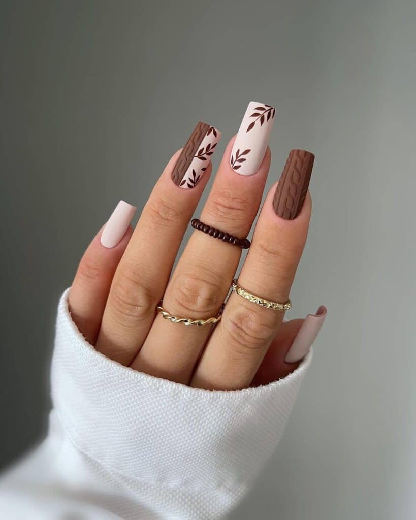 Long Square Matte Brown Leaf Cable Knit Long Square Matte Brown Leaf Cable Knit — Brown Nails