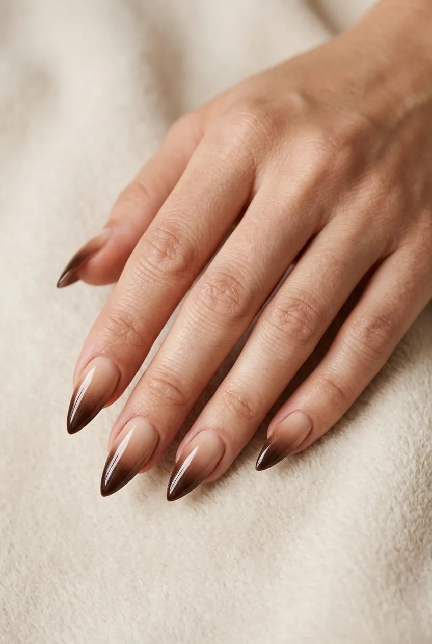 Long Stiletto Glossy Nude To Dark Brown Long Stiletto Glossy Nude To Dark Brown — Brown Ombre Nails