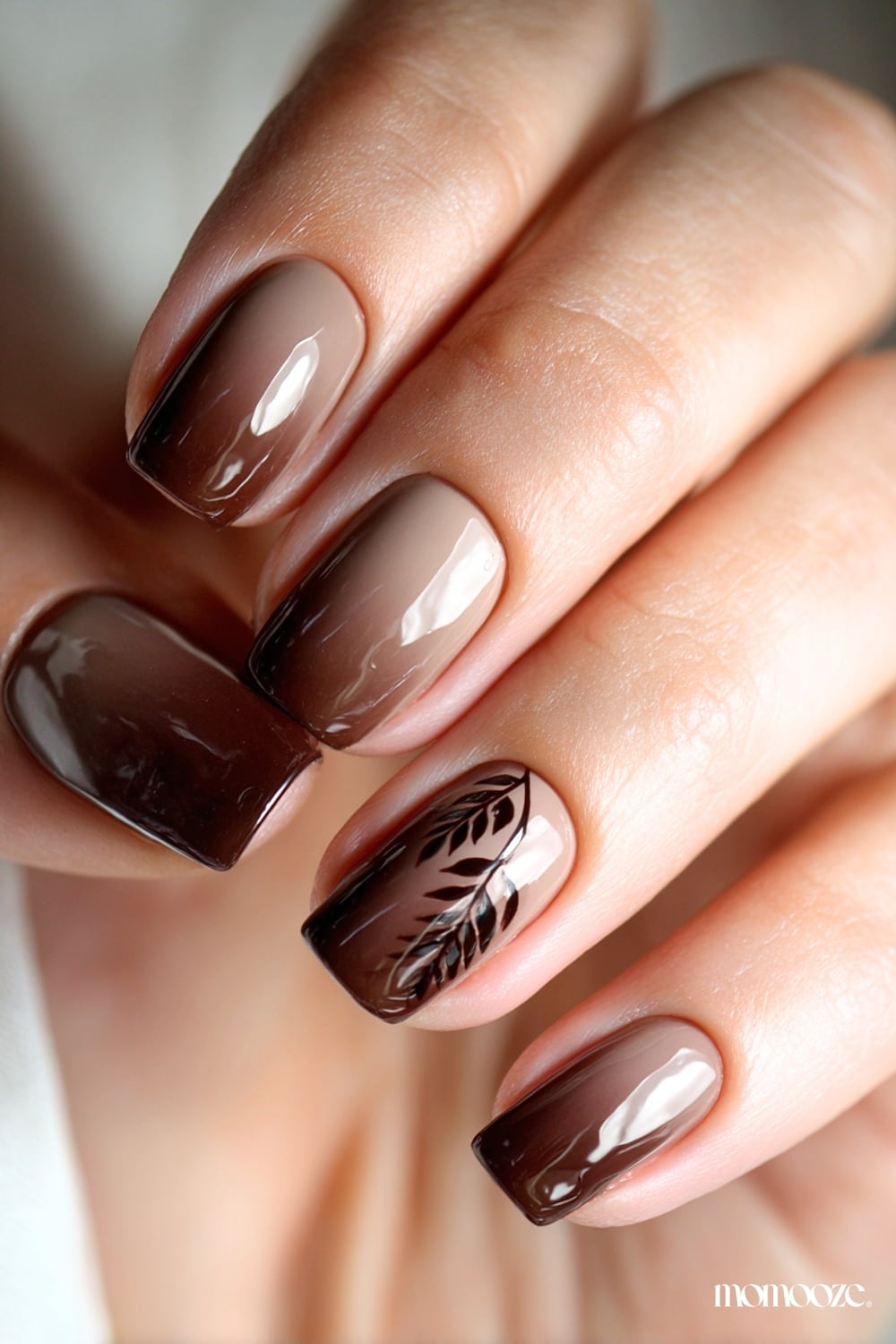 Square Brown Ombre With Leaf Art Square Brown Ombre With Leaf Art — Brown Ombre Nails
