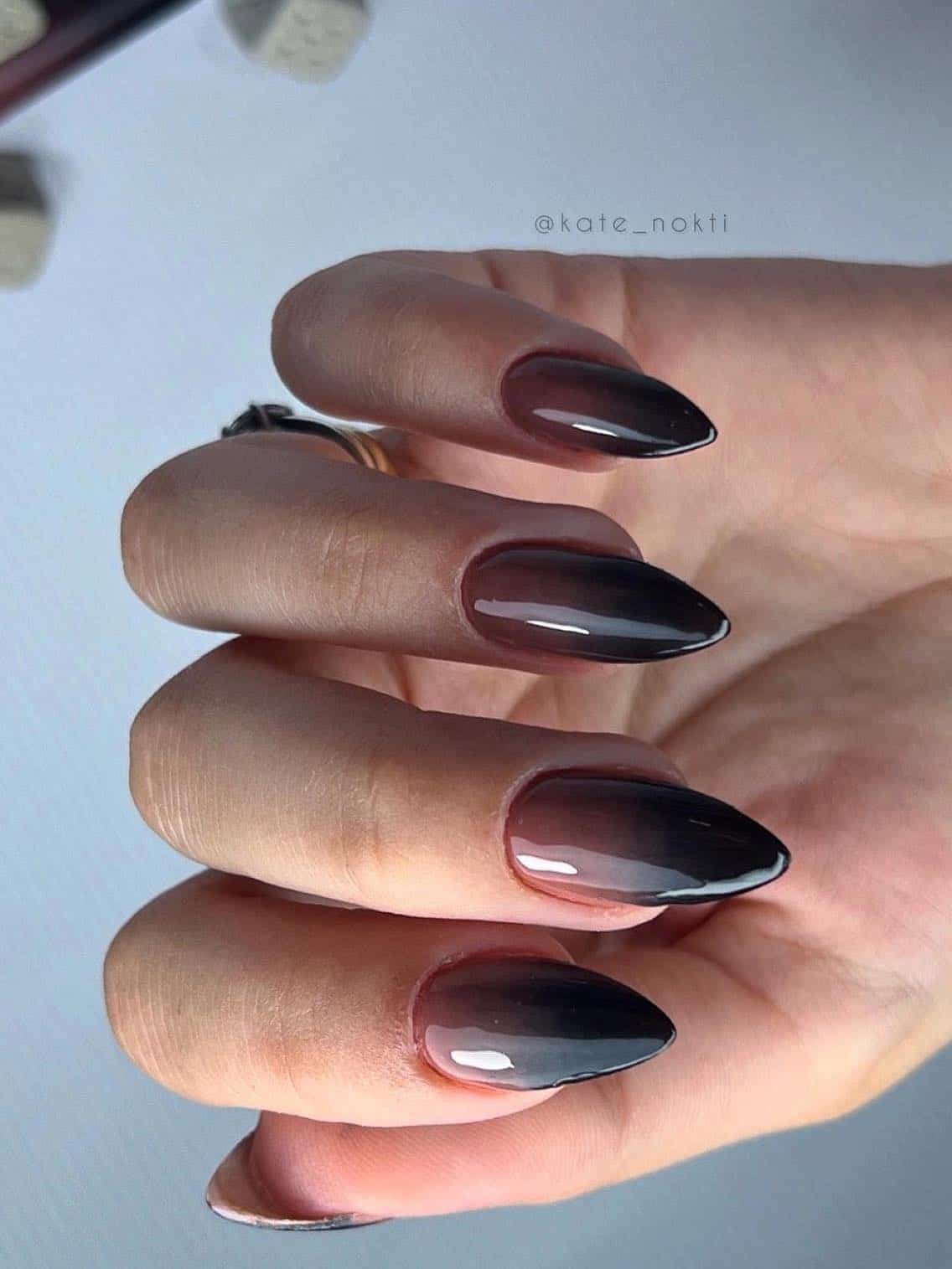 Dark Brown Black Nude Medium Almond Ombre Dark Brown Black Nude Medium Almond Ombre — Brown Ombre Nails