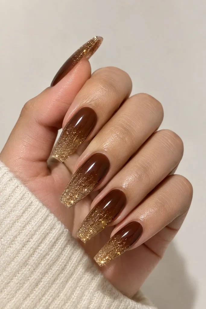 Long Coffin Gold Glitter Brown Ombre Long Coffin Gold Glitter Brown Ombre — Brown Ombre Nails