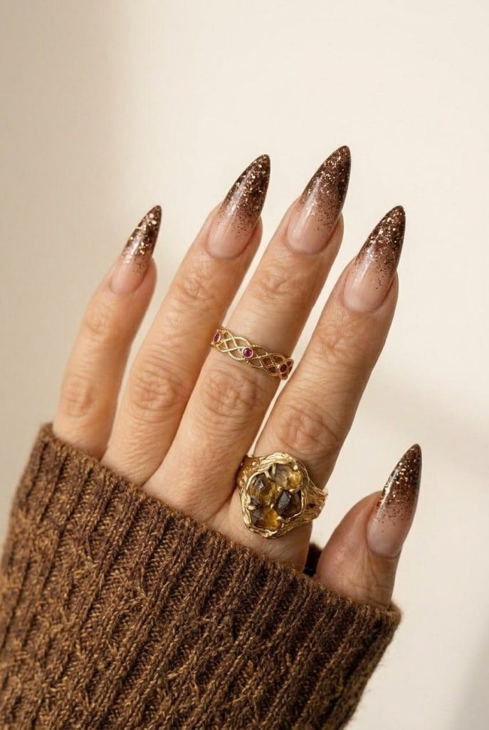 Long Stiletto Golden Glitter Brown Ombre Long Stiletto Golden Glitter Brown Ombre — Brown Ombre Nails