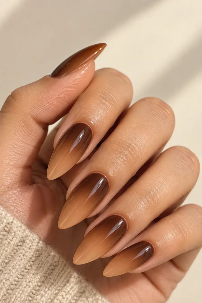 Warm Brown To Nude Medium Almond Ombre Warm Brown To Nude Medium Almond Ombre — Brown Ombre Nails