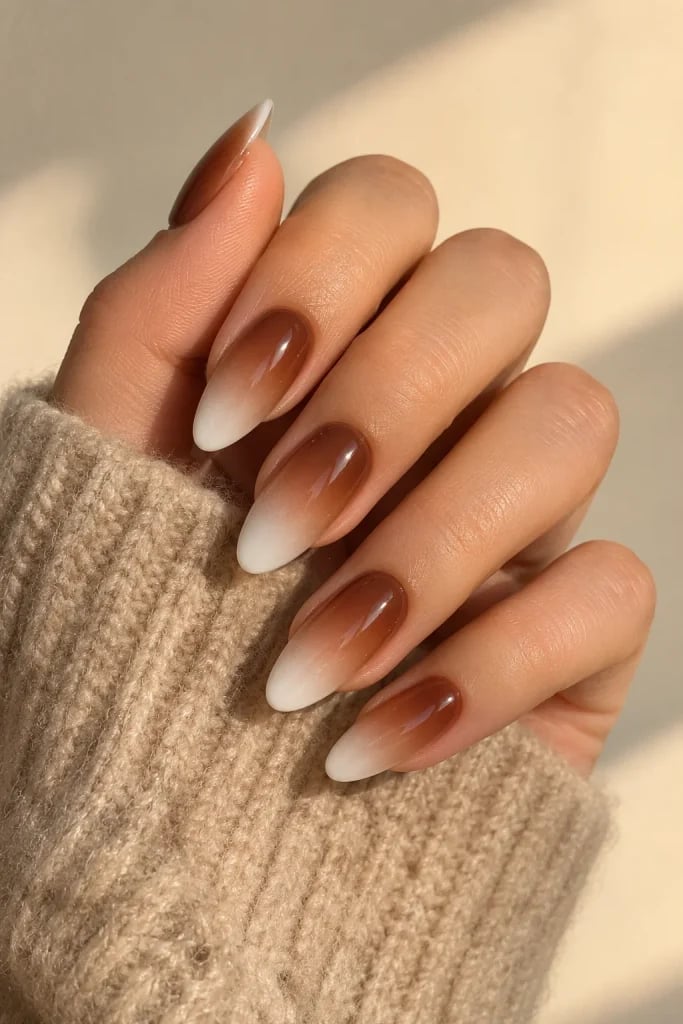 White To Warm Brown Medium Almond Ombre, Glossy White To Warm Brown Medium Almond Ombre, Glossy — Brown Ombre Nails