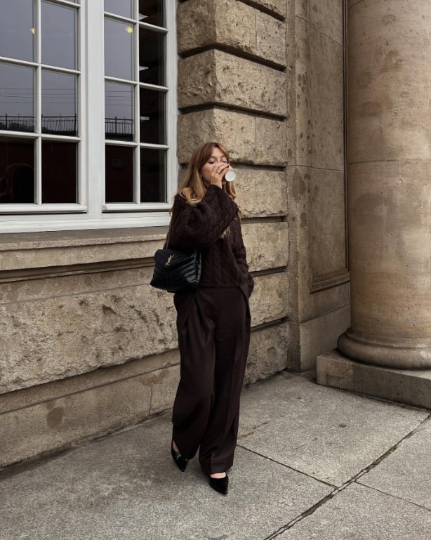 Brown Trousers With Cable-Knit Sweater and Black Heels, Close-Up Take Brown Trousers With Cable-Knit Sweater and Black Heels, Close-Up Take — Brown Pants Outfits
