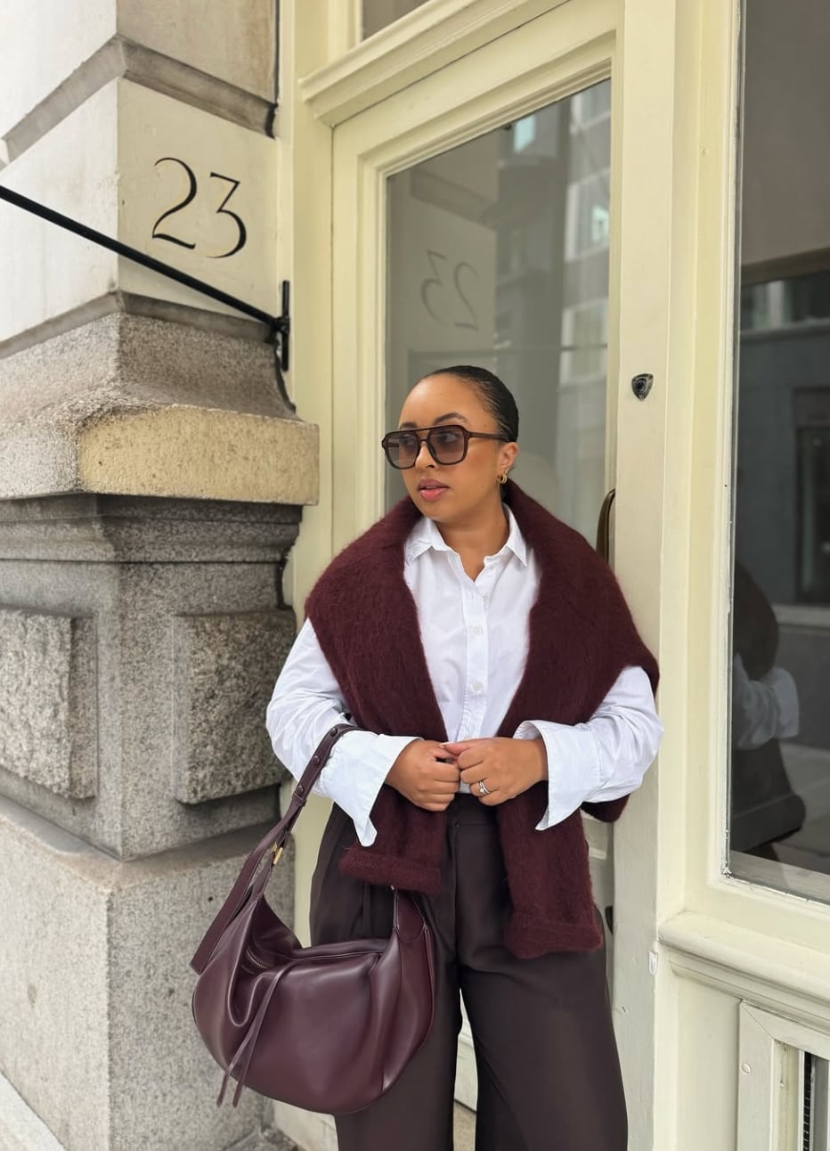 Brown Trousers With White Shirt and Burgundy Scarf, Close-Up Take Brown Trousers With White Shirt and Burgundy Scarf, Close-Up Take — Brown Pants Outfits