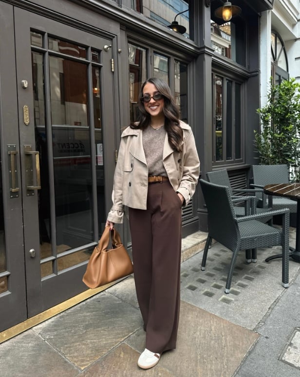 Brown Trousers With Taupe Sweater and Trench Coat Brown Trousers With Taupe Sweater and Trench Coat — Brown Pants Outfits