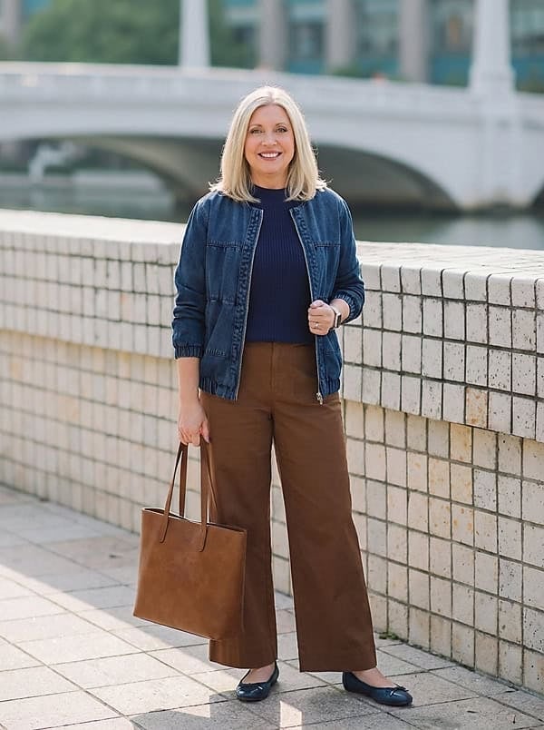 Brown Trousers With Navy Sweater and Denim Jacket, Close-Up Take Brown Trousers With Navy Sweater and Denim Jacket, Close-Up Take — Brown Pants Outfits