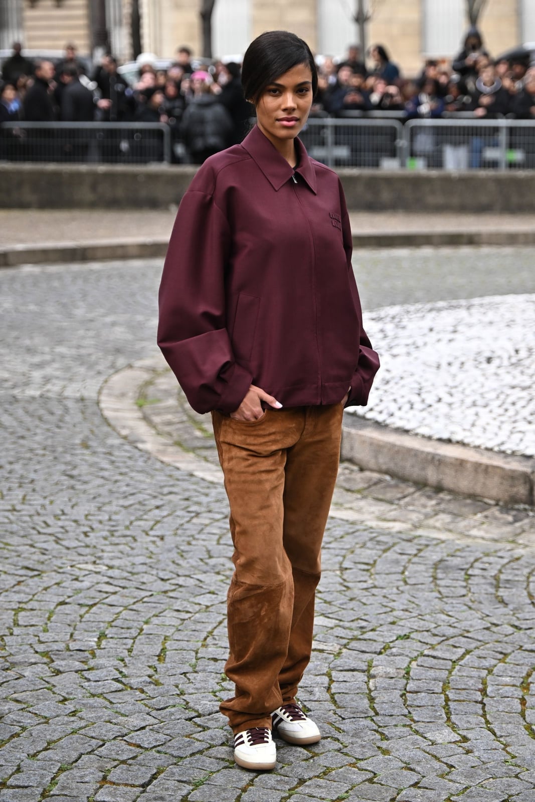 Brown Suede Trousers With a Burgundy Bomber Jacket, Close-Up Take Brown Suede Trousers With a Burgundy Bomber Jacket, Close-Up Take — Brown Pants Outfits
