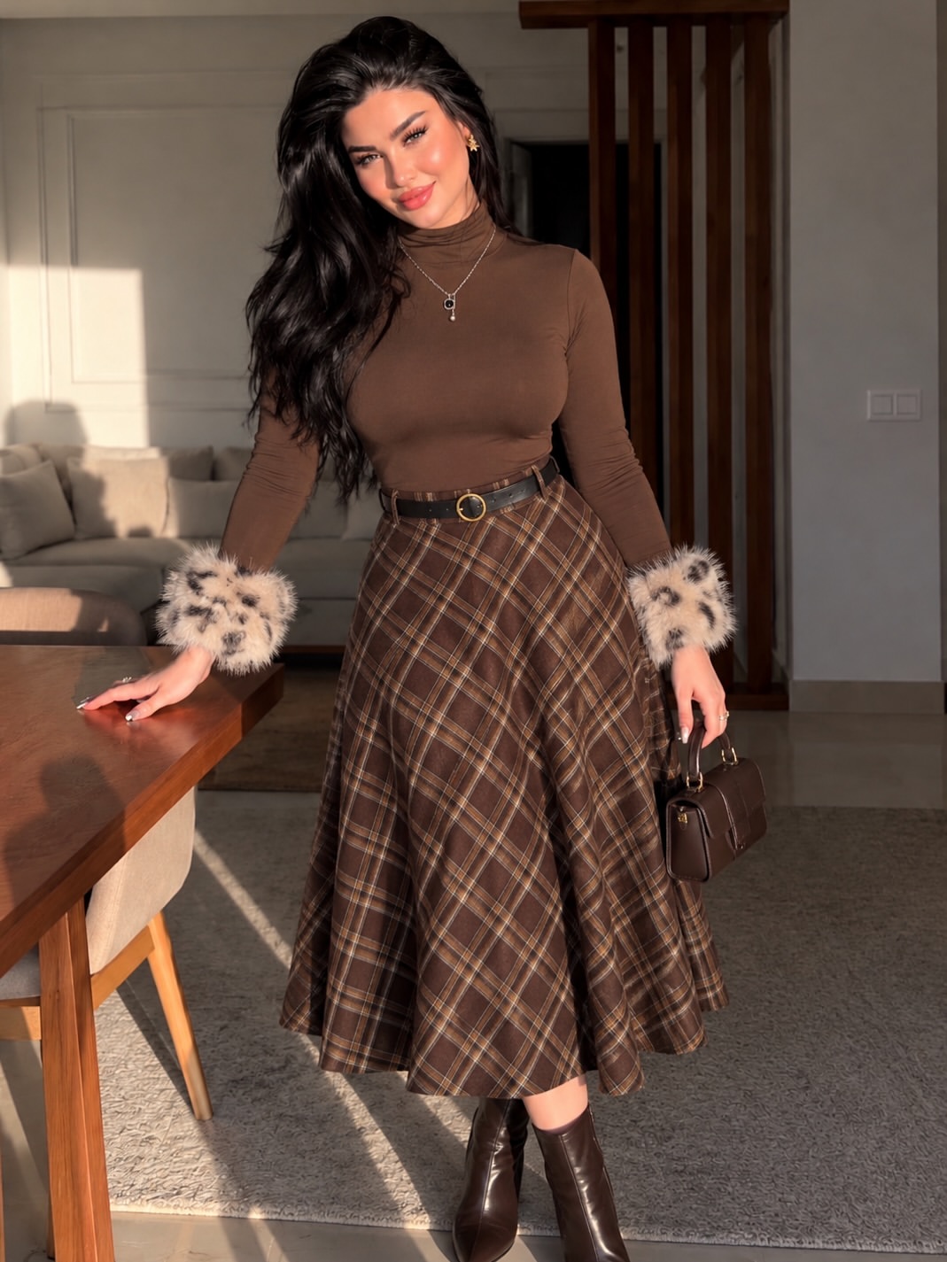 Brown Plaid Skirt And Turtleneck Winter Look