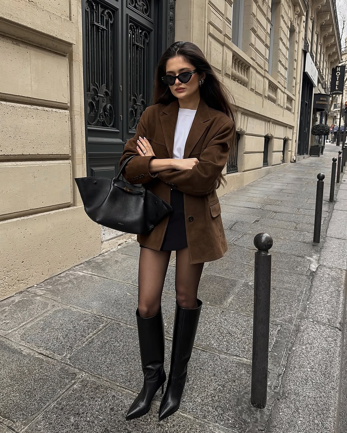 Brown Suede Blazer With Black Knee High Boots