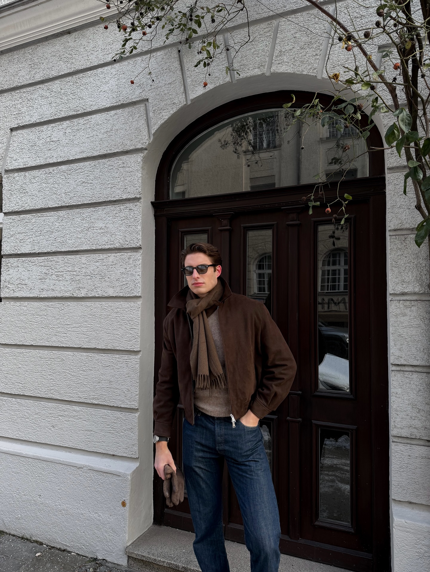 Brown Suede Bomber With Knit And Denim