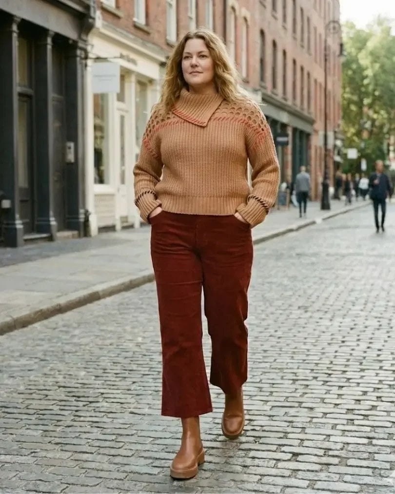 Tan knit sweater with rust corduroy pants Tan knit sweater with rust corduroy pants — Brown Sweater Outfit