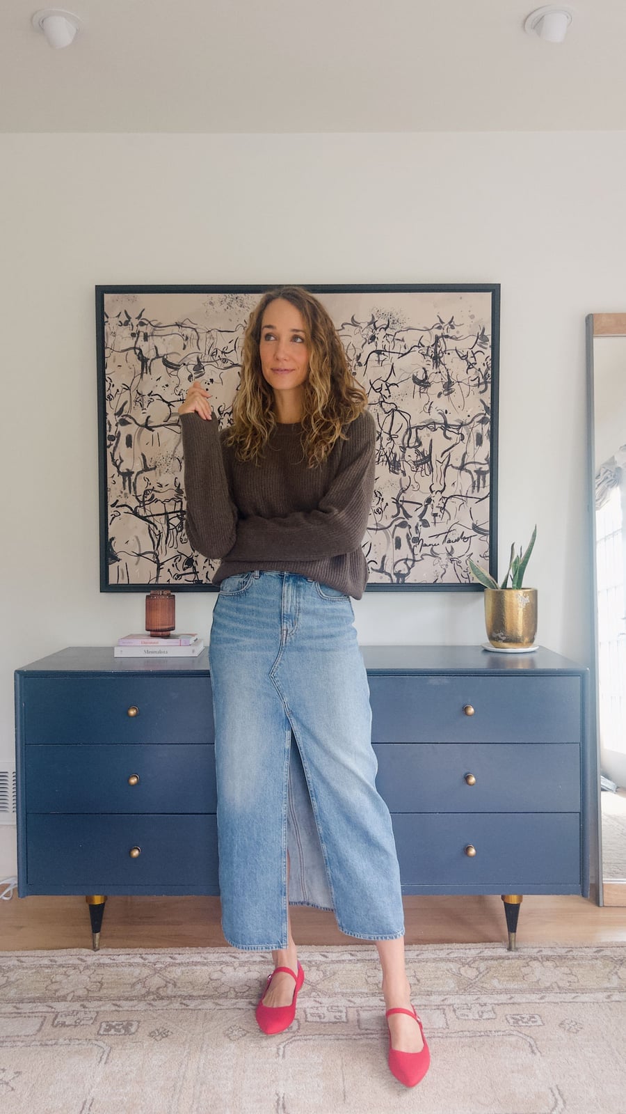 Dark brown sweater with blue denim maxi skirt Dark brown sweater with blue denim maxi skirt — Brown Sweater Outfit