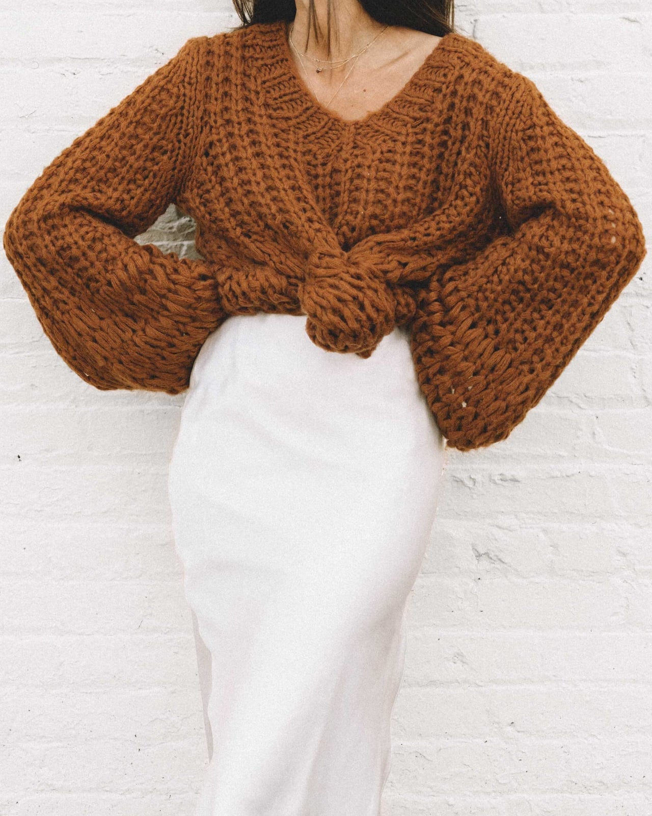 Oversized brown sweater with white silk skirt Oversized brown sweater with white silk skirt — Brown Sweater Outfit