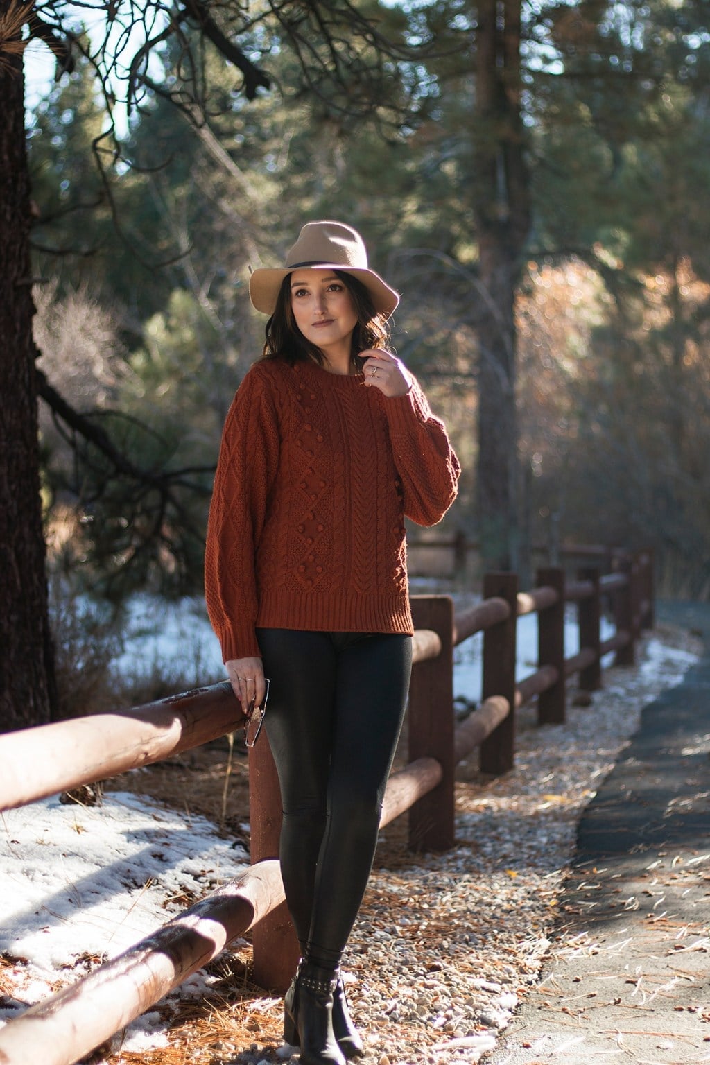 Rust cable knit sweater with black leggings Rust cable knit sweater with black leggings — Brown Sweater Outfit