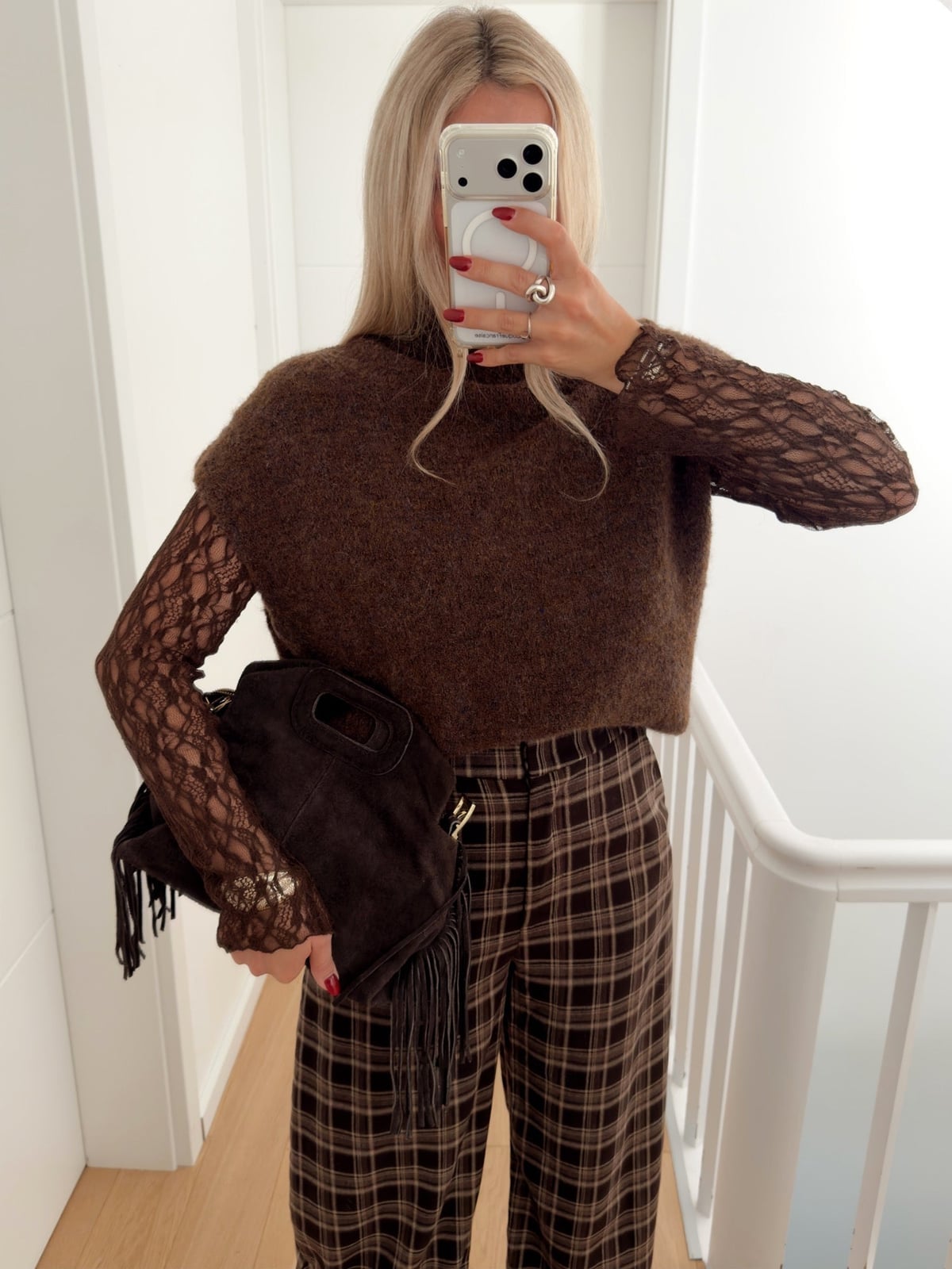 Brown knit vest over lace top with plaid pants Brown knit vest over lace top with plaid pants — Brown Sweater Outfit