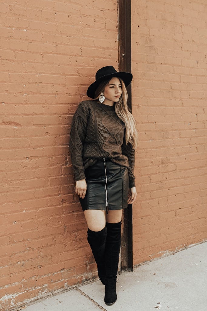 Brown cable knit sweater with leather mini skirt Brown cable knit sweater with leather mini skirt — Brown Sweater Outfit