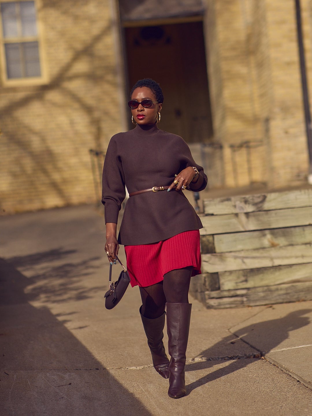 Brown mock neck sweater with red flared skirt Brown mock neck sweater with red flared skirt — Brown Sweater Outfit