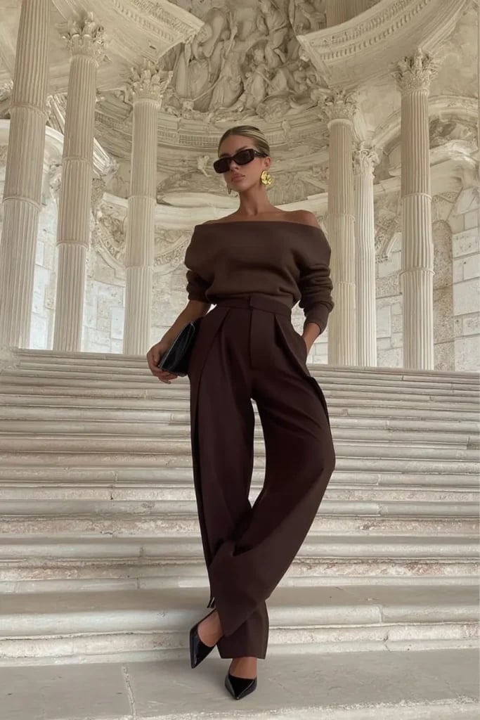 Monochromatic Brown Off-the-Shoulder Knit Sweater Outfit Monochromatic Brown Off-the-Shoulder Knit Sweater Outfit — Brown Top Outfits
