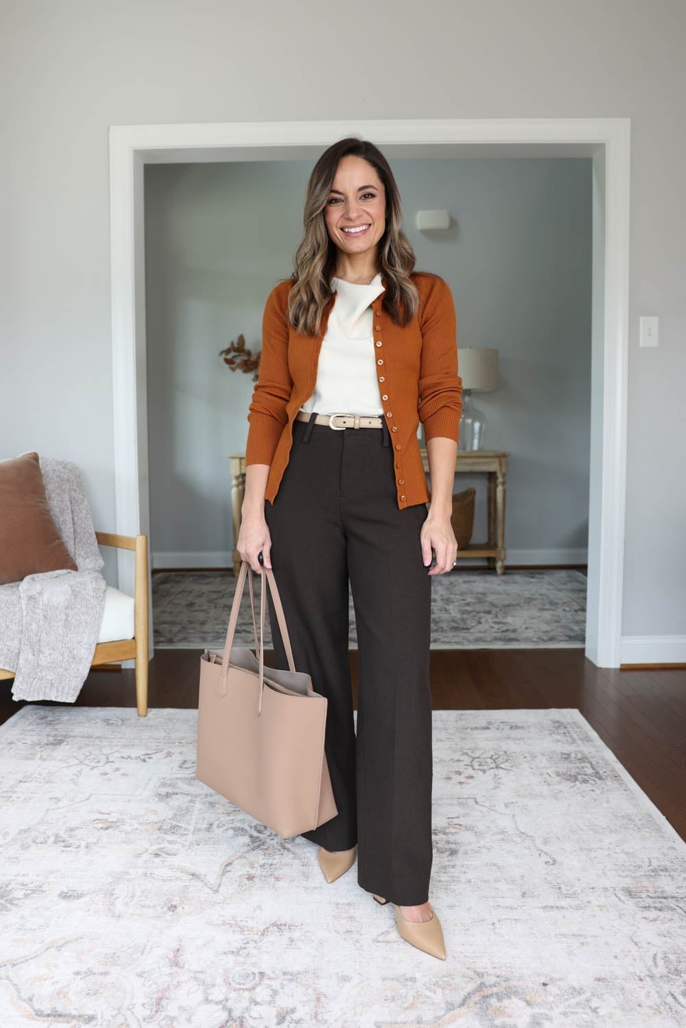 Rust Orange Cardigan Over White T-Shirt with Brown Trousers Rust Orange Cardigan Over White T-Shirt with Brown Trousers — Brown Top Outfits