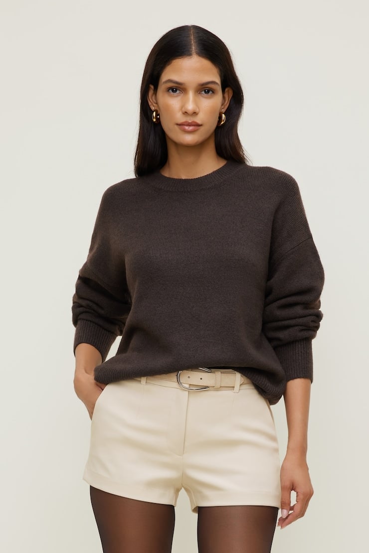 Dark Brown Crewneck Sweater with Tailored Shorts Dark Brown Crewneck Sweater with Tailored Shorts — Brown Top Outfits