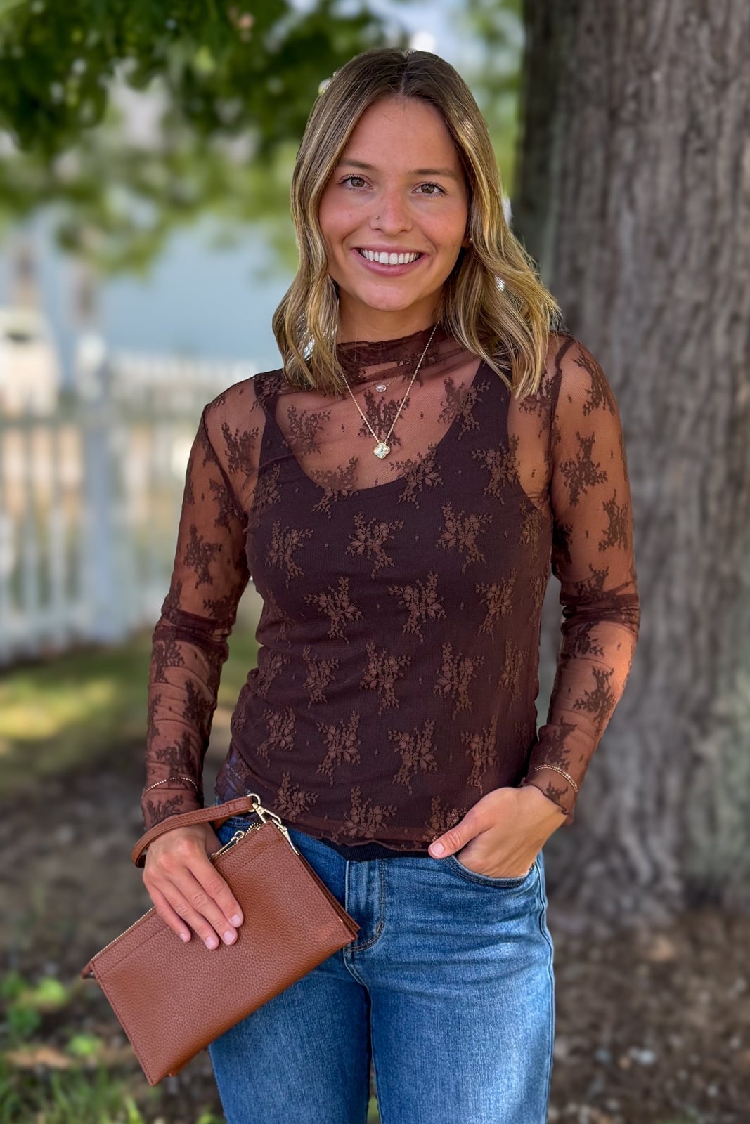 Sheer Brown Lace Mock Neck Top with Jeans Sheer Brown Lace Mock Neck Top with Jeans — Brown Top Outfits
