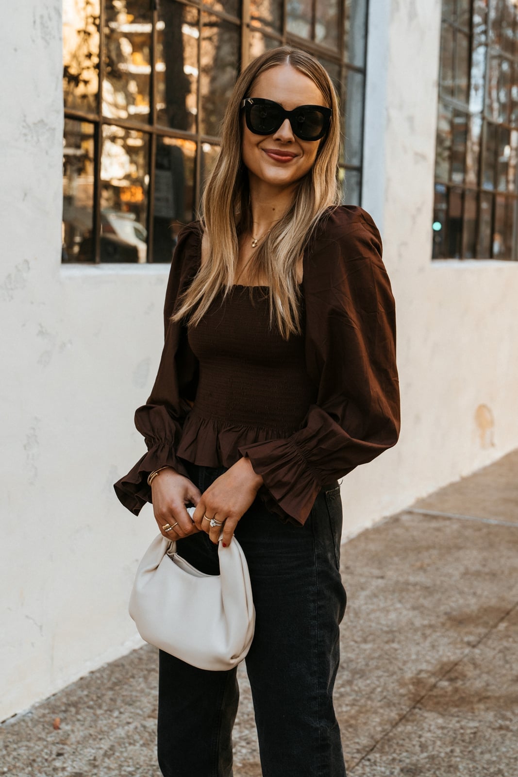 Dark Brown Smocked Top with Voluminous Sleeves Dark Brown Smocked Top with Voluminous Sleeves — Brown Top Outfits