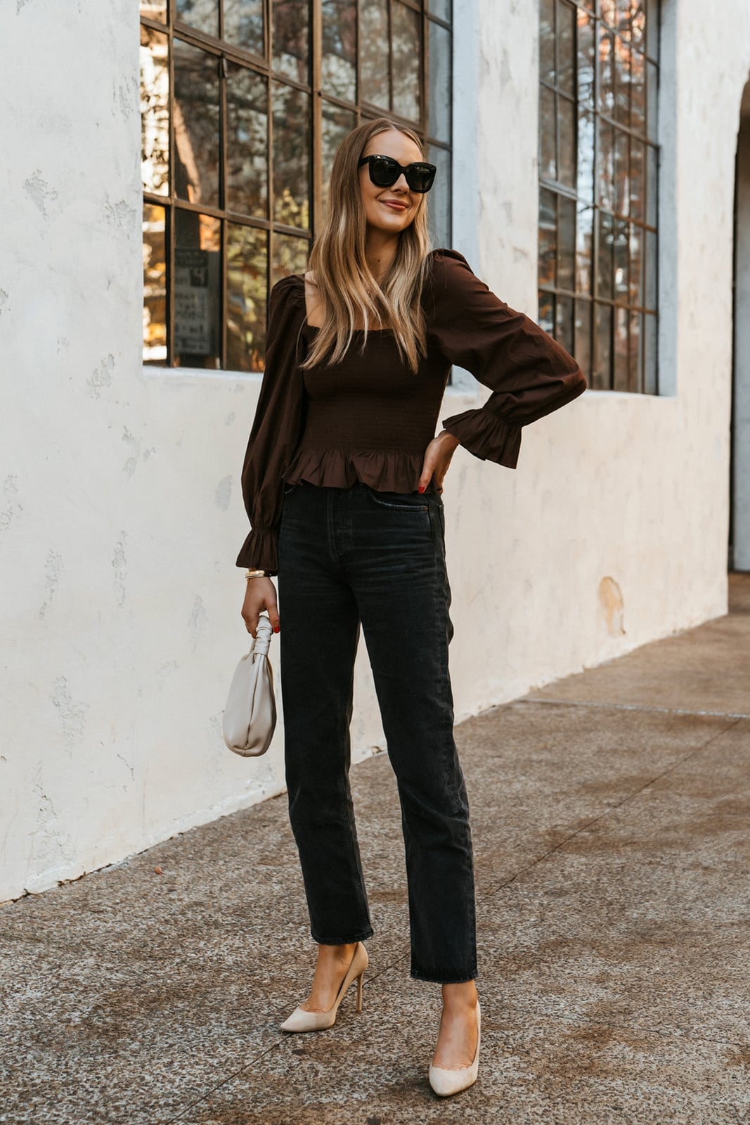 Brown Smocked Puff-Sleeve Top with Square Neckline Brown Smocked Puff-Sleeve Top with Square Neckline — Brown Top Outfits