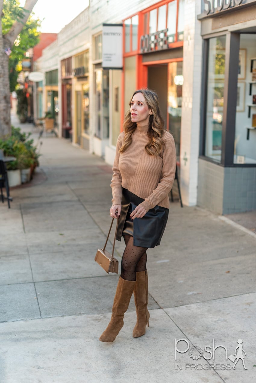 Camel Brown Turtleneck Sweater with Faux Leather Skirt Camel Brown Turtleneck Sweater with Faux Leather Skirt — Brown Top Outfits