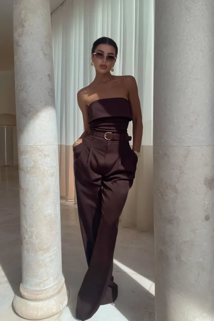 Deep Brown Strapless Jumpsuit with Belted Waist Deep Brown Strapless Jumpsuit with Belted Waist — Brown Top Outfits