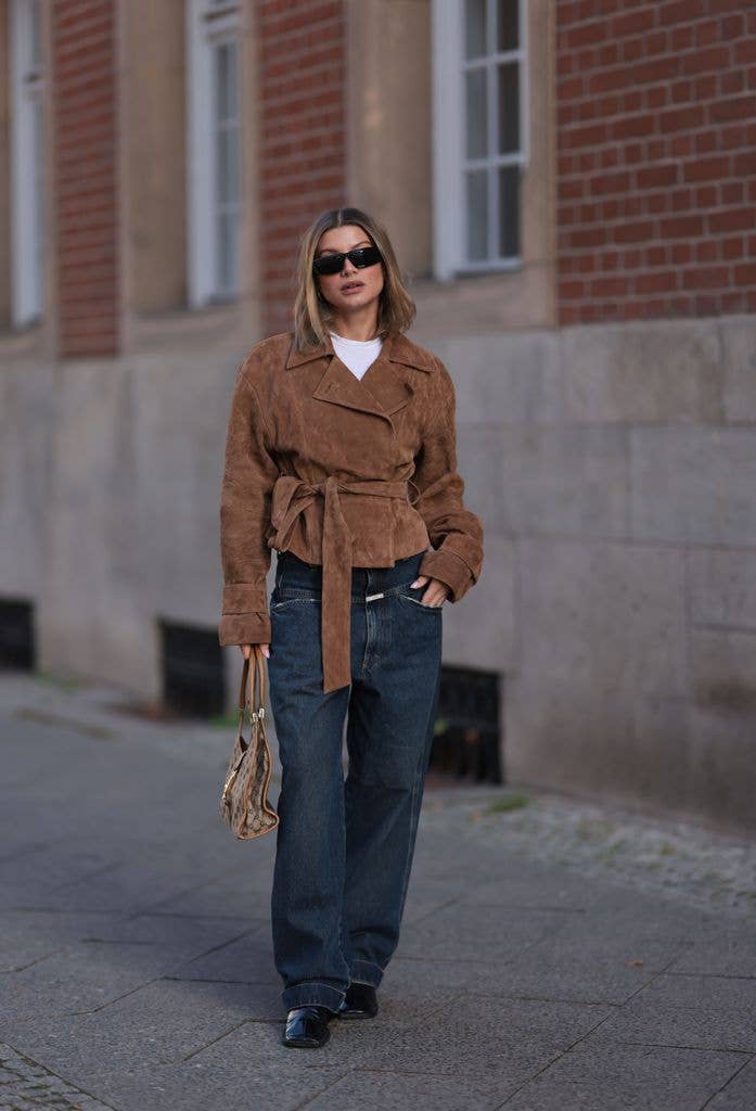 Cropped Brown Suede Wrap Jacket Over White T-Shirt Cropped Brown Suede Wrap Jacket Over White T-Shirt — Brown Top Outfits