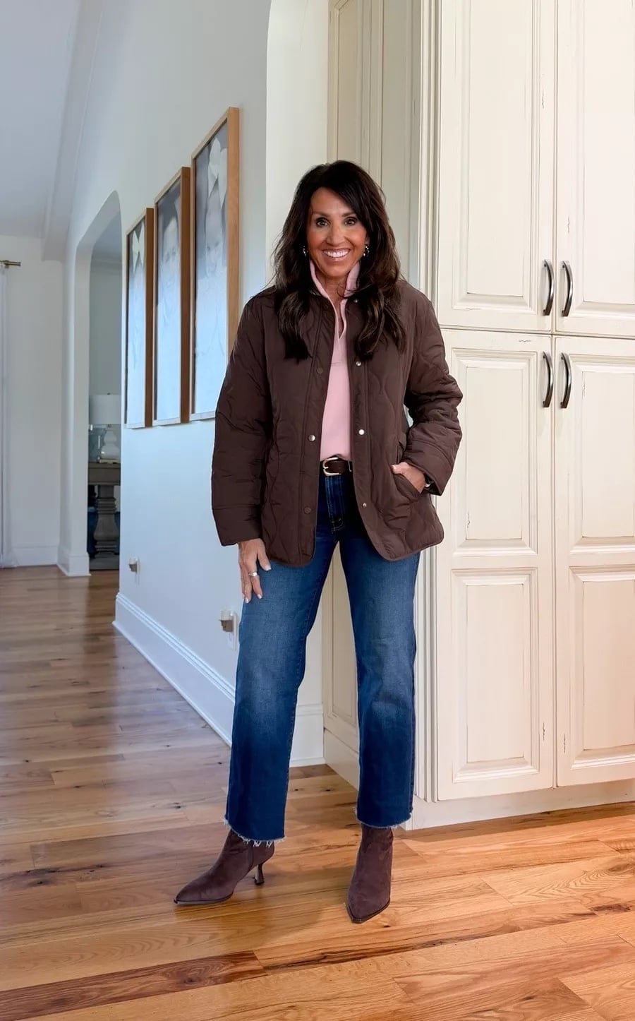 Quilted Brown Jacket Over Collared Shirt and Jeans, Close-Up Take Quilted Brown Jacket Over Collared Shirt and Jeans, Close-Up Take — Brown Top Outfits