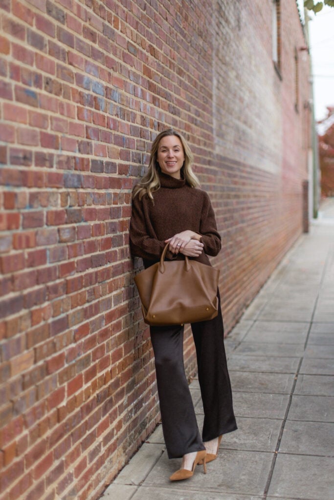 Relaxed Brown Turtleneck Sweater with Charcoal Pants, Close-Up Take Relaxed Brown Turtleneck Sweater with Charcoal Pants, Close-Up Take — Brown Top Outfits