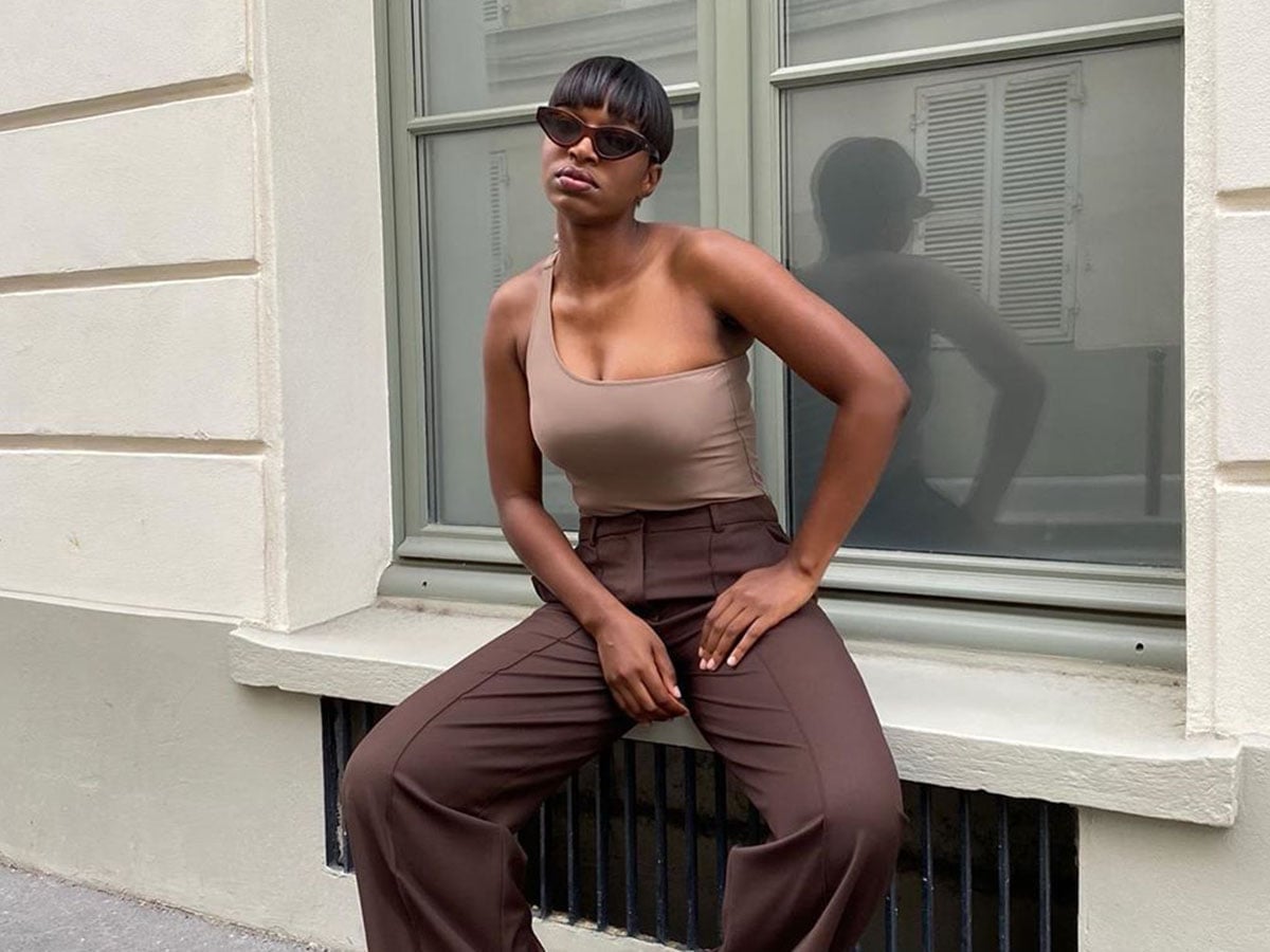 Taupe Asymmetrical One-Shoulder Top with Brown Trousers Taupe Asymmetrical One-Shoulder Top with Brown Trousers — Brown Top Outfits