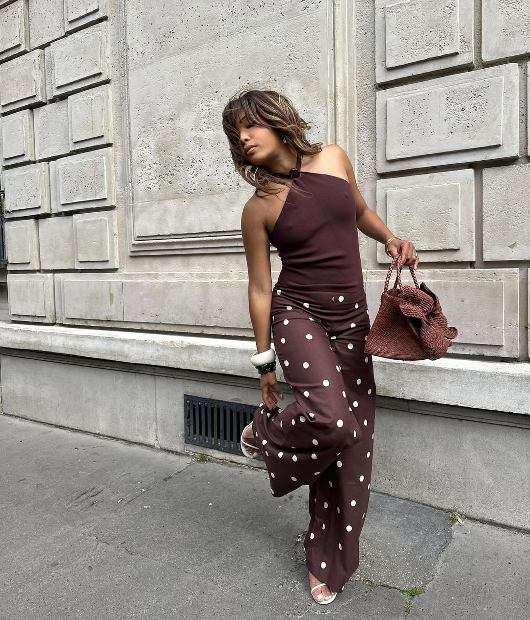 Polka Dot Wide-Leg Trousers With Halter Top Polka Dot Wide-Leg Trousers With Halter Top — Brown Trousers Outfit