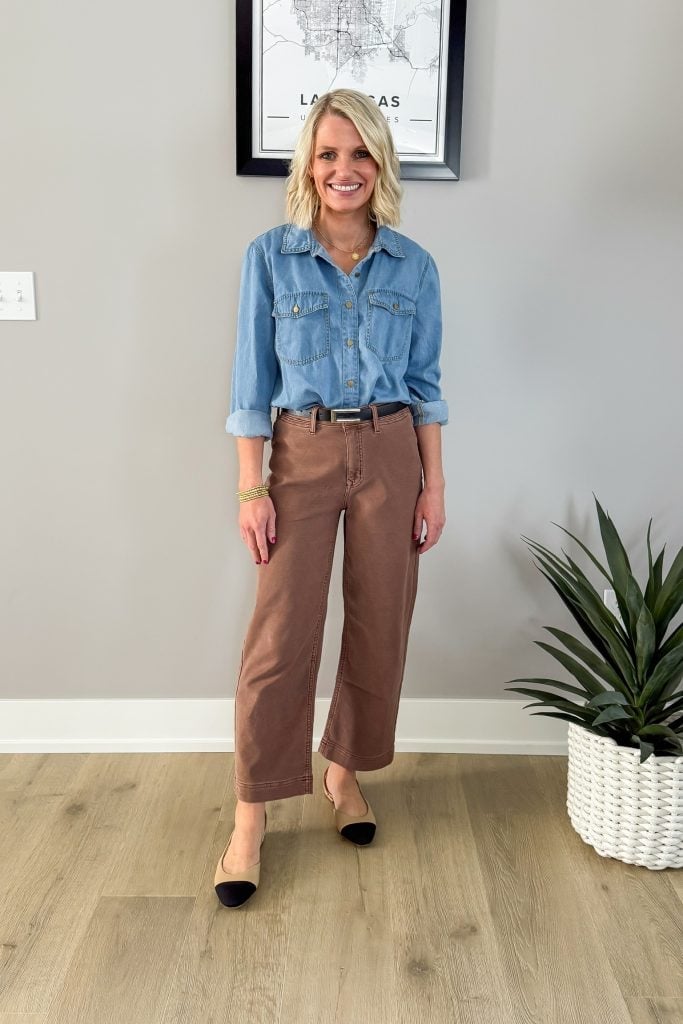 Denim Shirt With Wide-Leg Cotton Twill Trousers Denim Shirt With Wide-Leg Cotton Twill Trousers — Brown Trousers Outfit