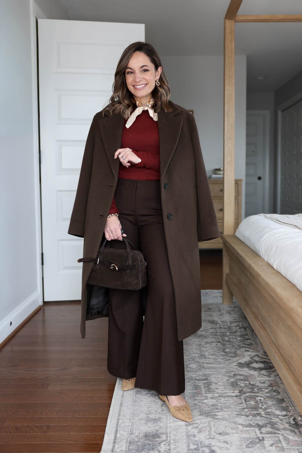 Burgundy Knit Top With Brown Oversized Coat Burgundy Knit Top With Brown Oversized Coat — Brown Trousers Outfit