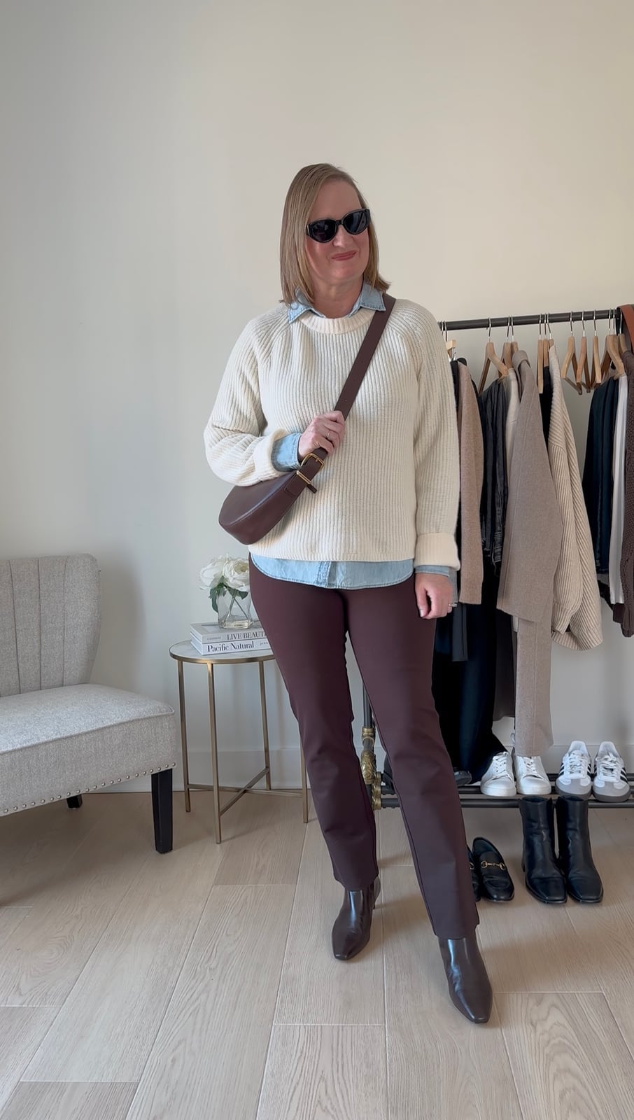 Cream Knit Sweater With Brown Trousers Cream Knit Sweater With Brown Trousers — Brown Trousers Outfit
