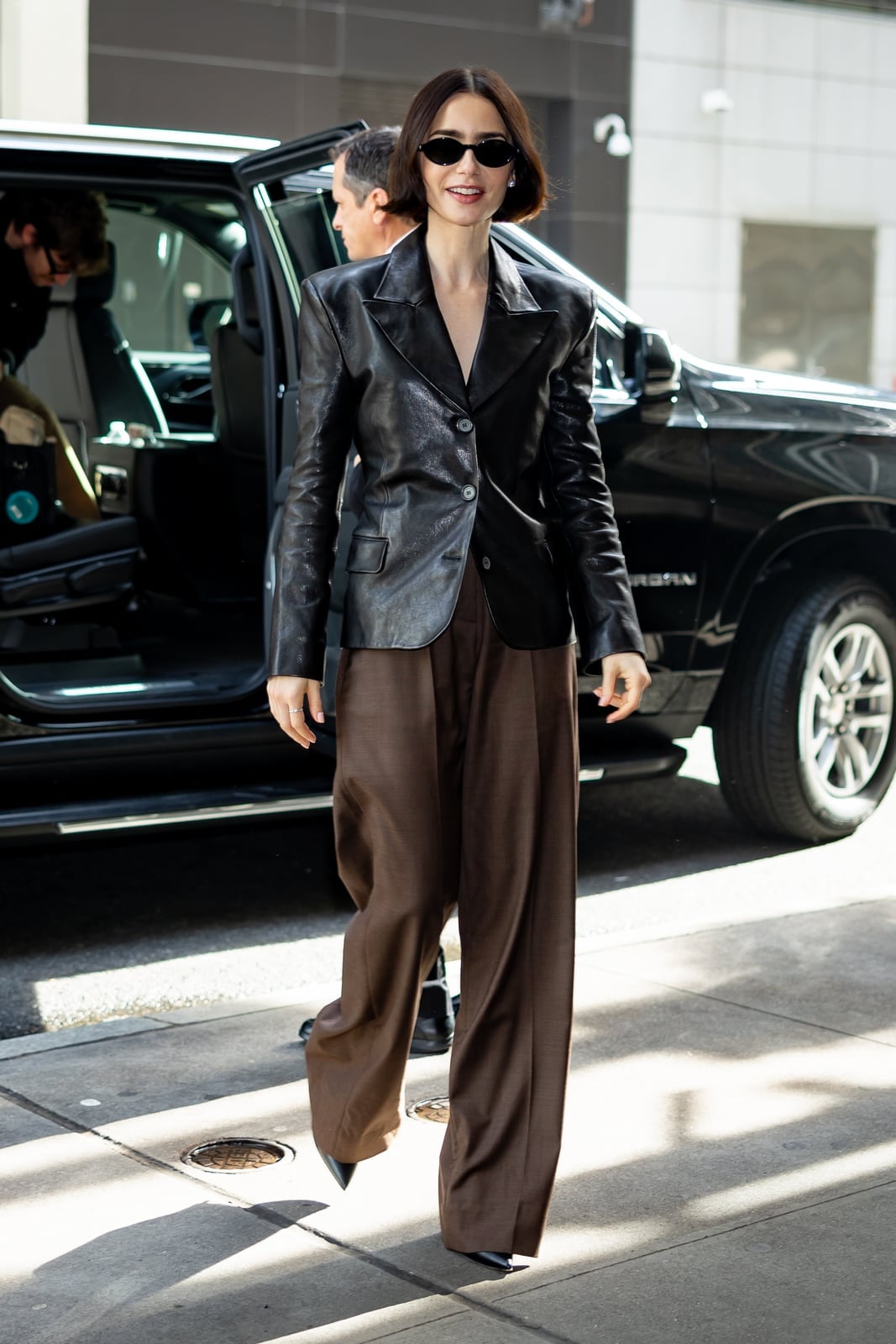 Brown Trousers With A Structured Leather Blazer Brown Trousers With A Structured Leather Blazer — Brown Trousers Outfit
