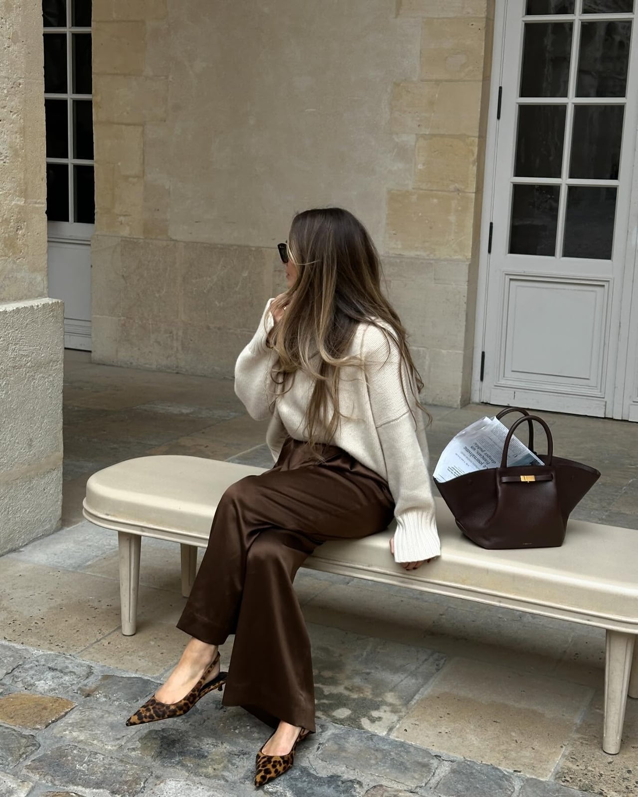 Satin Wide-Leg Trousers With An Oversized Knit Satin Wide-Leg Trousers With An Oversized Knit — Brown Trousers Outfit
