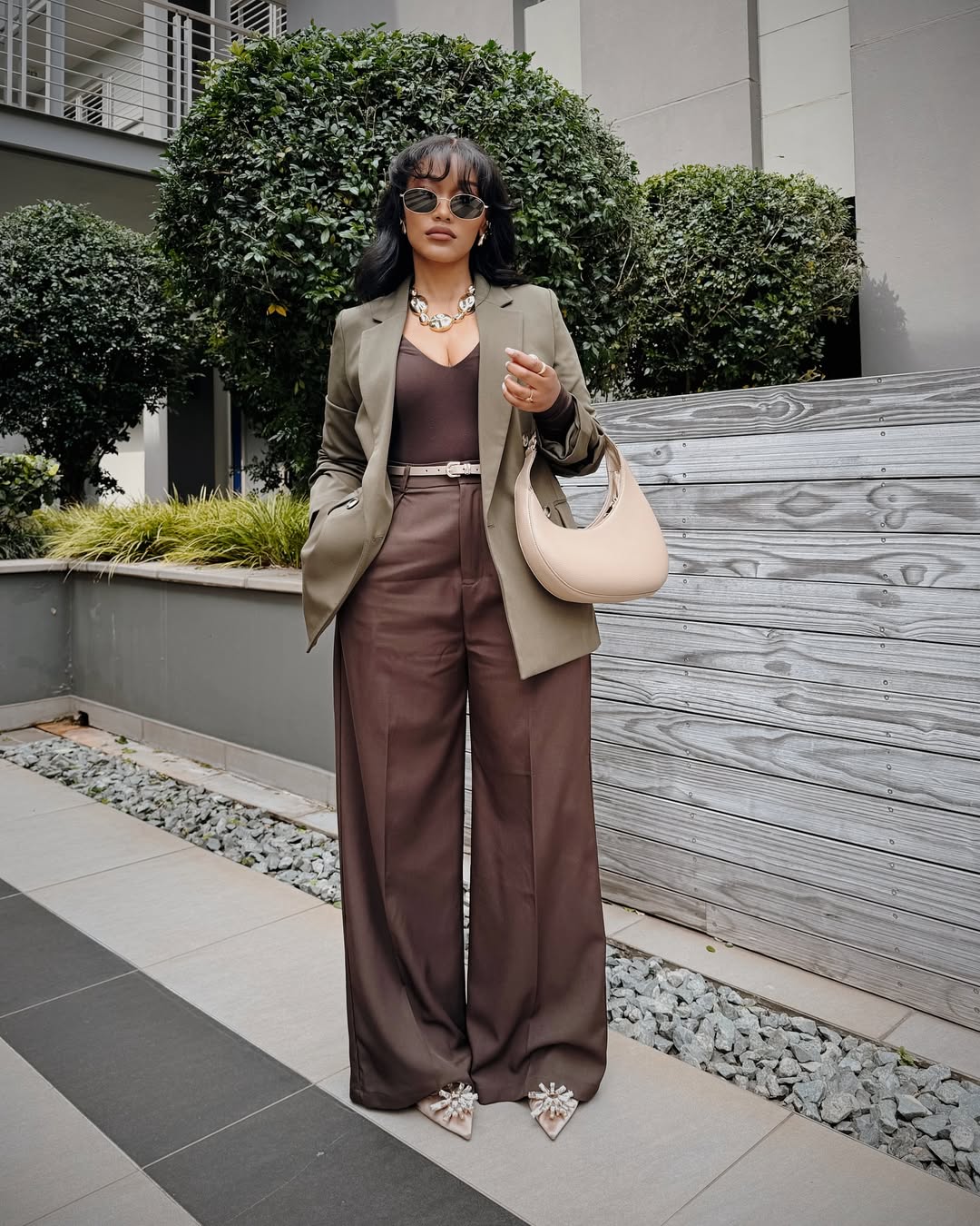 Satin Trousers And Matching Top With An Olive Blazer Satin Trousers And Matching Top With An Olive Blazer — Brown Trousers Outfit