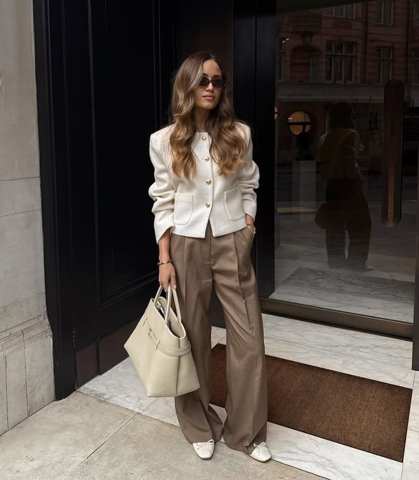 Textured Cropped Jacket With Wide-Leg Trousers Textured Cropped Jacket With Wide-Leg Trousers — Brown Trousers Outfit