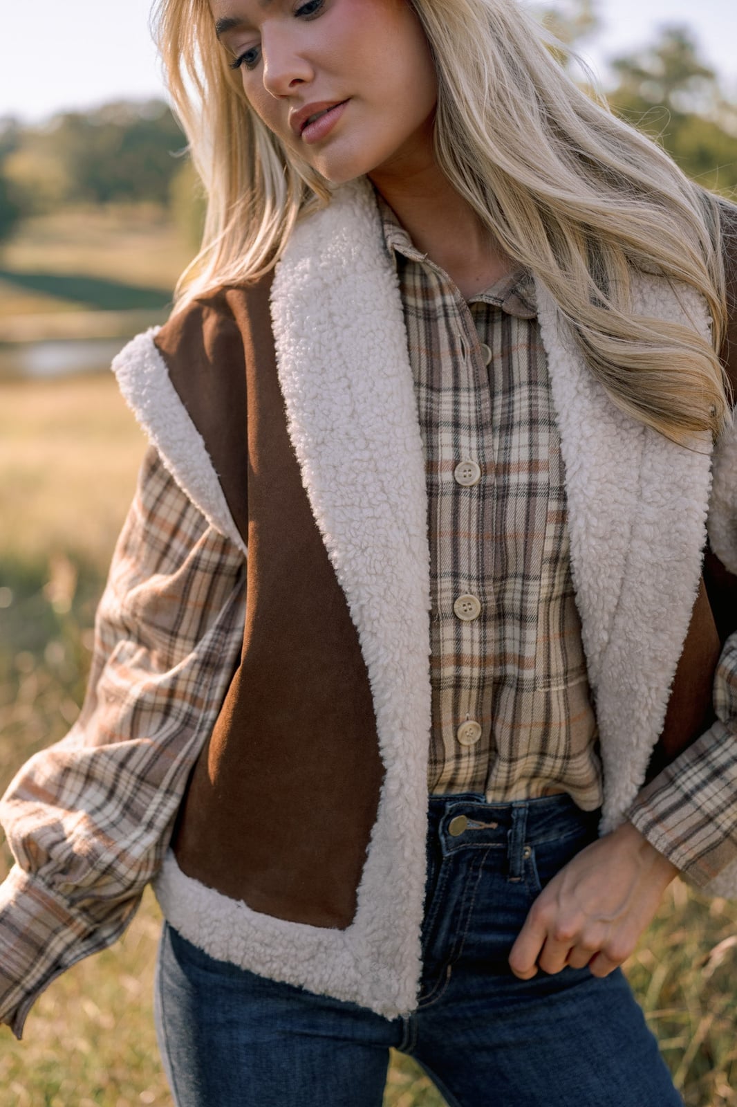 Brown faux suede vest with sherpa trim over plaid, Office-Safe Version Brown faux suede vest with sherpa trim over plaid, Office-Safe Version — Brown Vest Outfit
