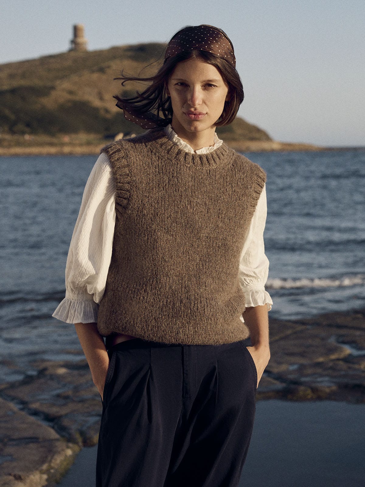 Brown knit vest over white ruffled blouse, Office-Safe Version Brown knit vest over white ruffled blouse, Office-Safe Version — Brown Vest Outfit