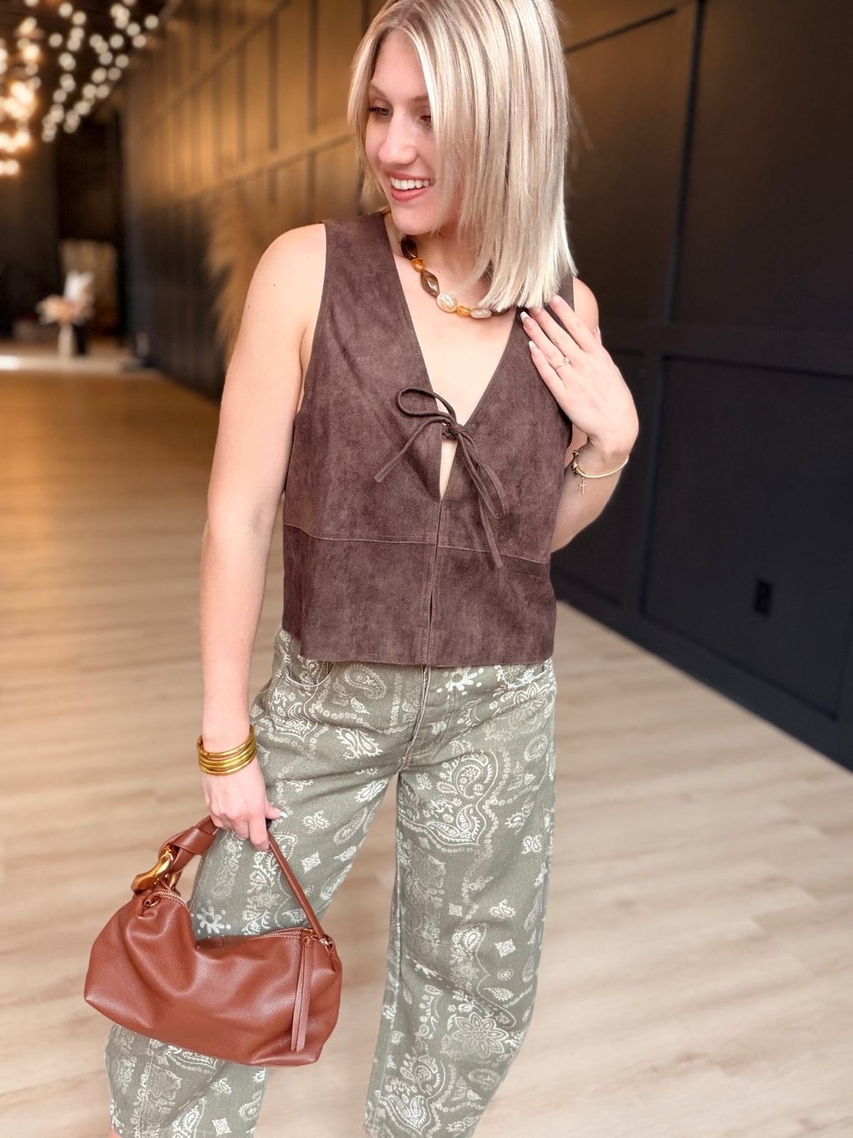 Brown faux suede tie-front vest with paisley pants Brown faux suede tie-front vest with paisley pants — Brown Vest Outfit