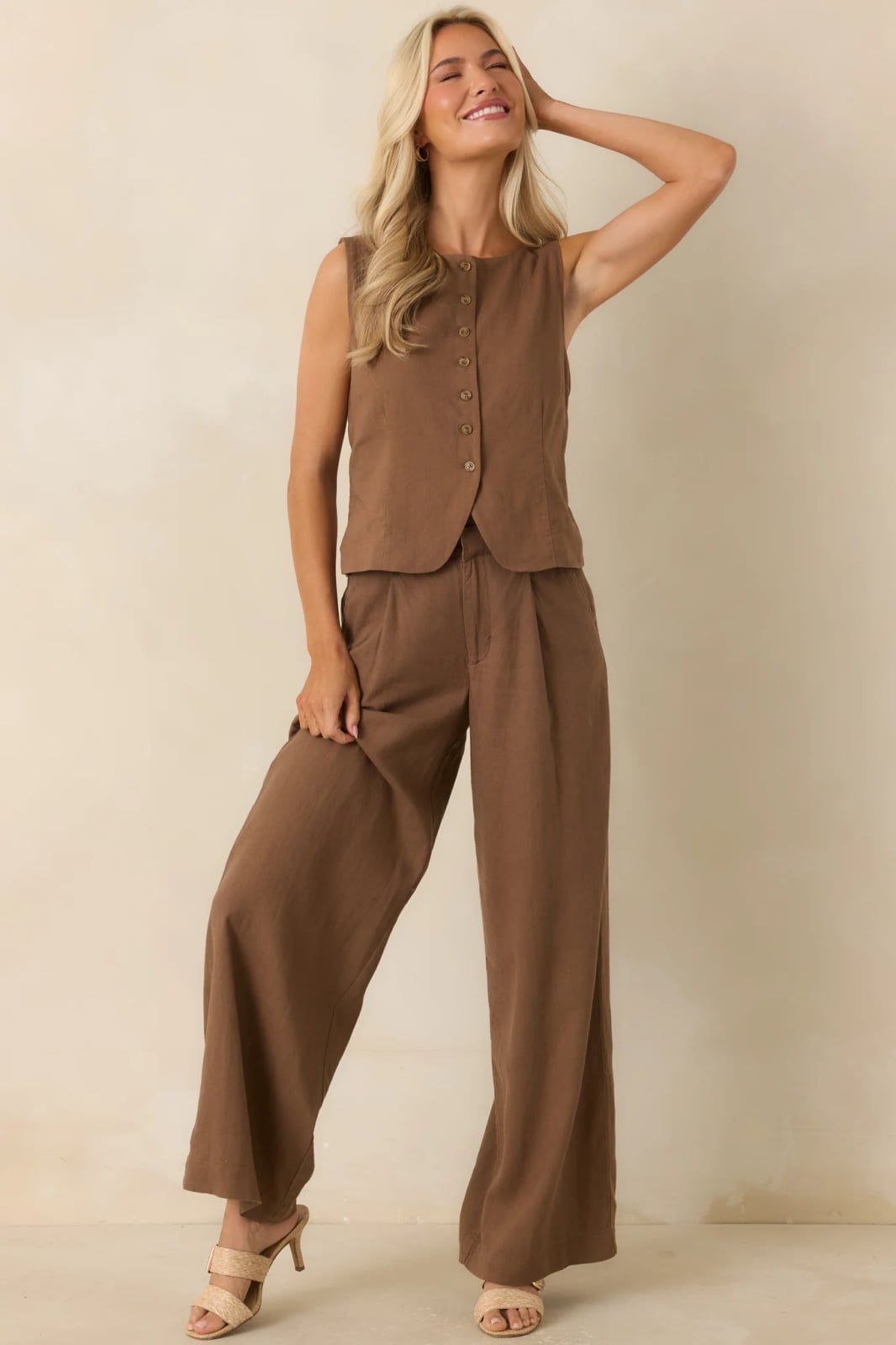 Brown linen button-front vest with matching pants Brown linen button-front vest with matching pants — Brown Vest Outfit