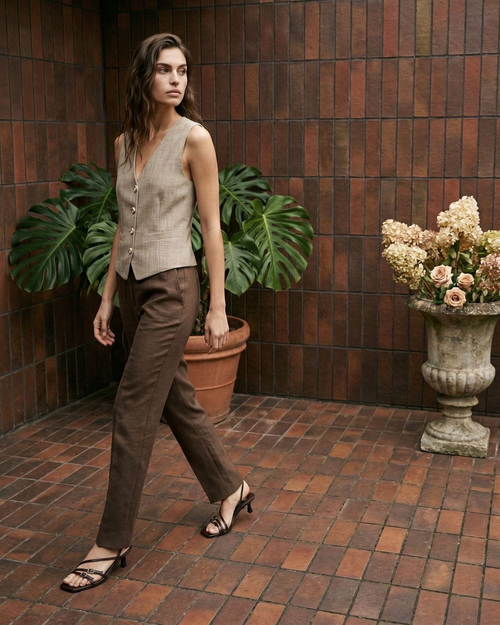Light brown textured vest with dark brown trousers Light brown textured vest with dark brown trousers — Brown Vest Outfit